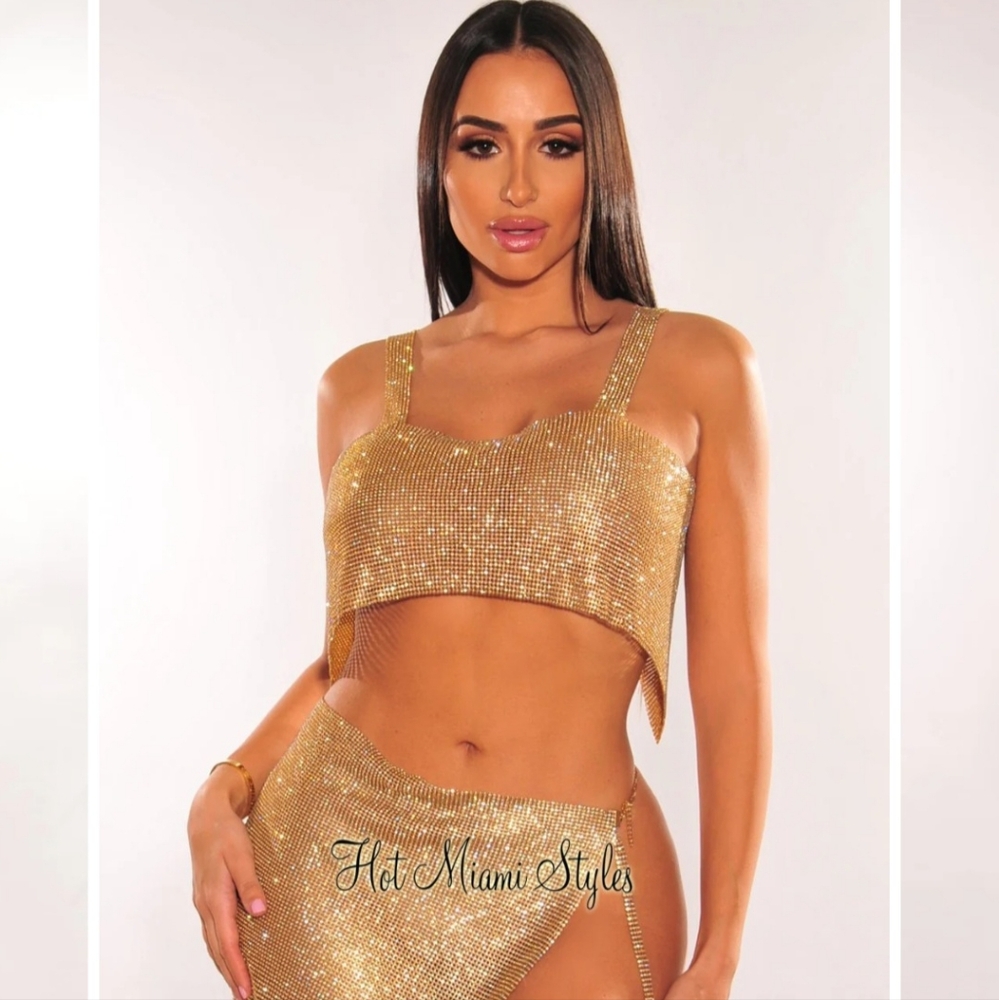 Hot Miami Styles mesh gold rhinestone crop top R23